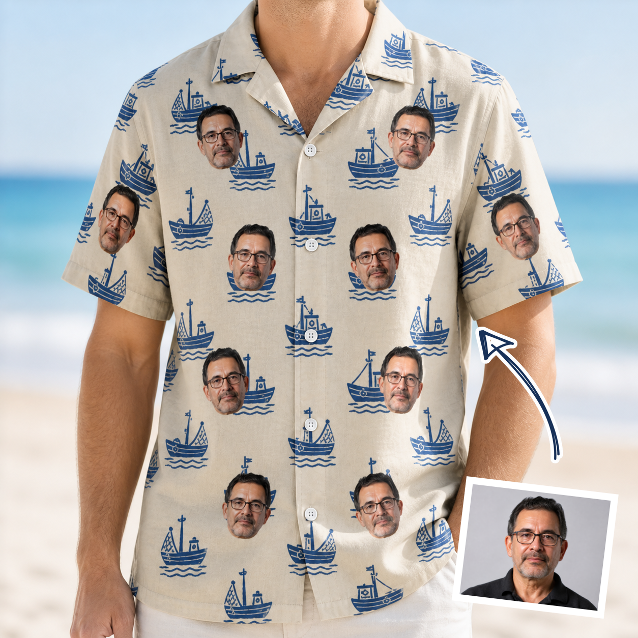 Man wearing Men's Skipper Scooters Custom Face Hawaiian Shirt — custom faces printed all-over