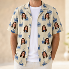 Man wearing Men's Skipper Scooters Custom Face Hawaiian Shirt open over a white tee