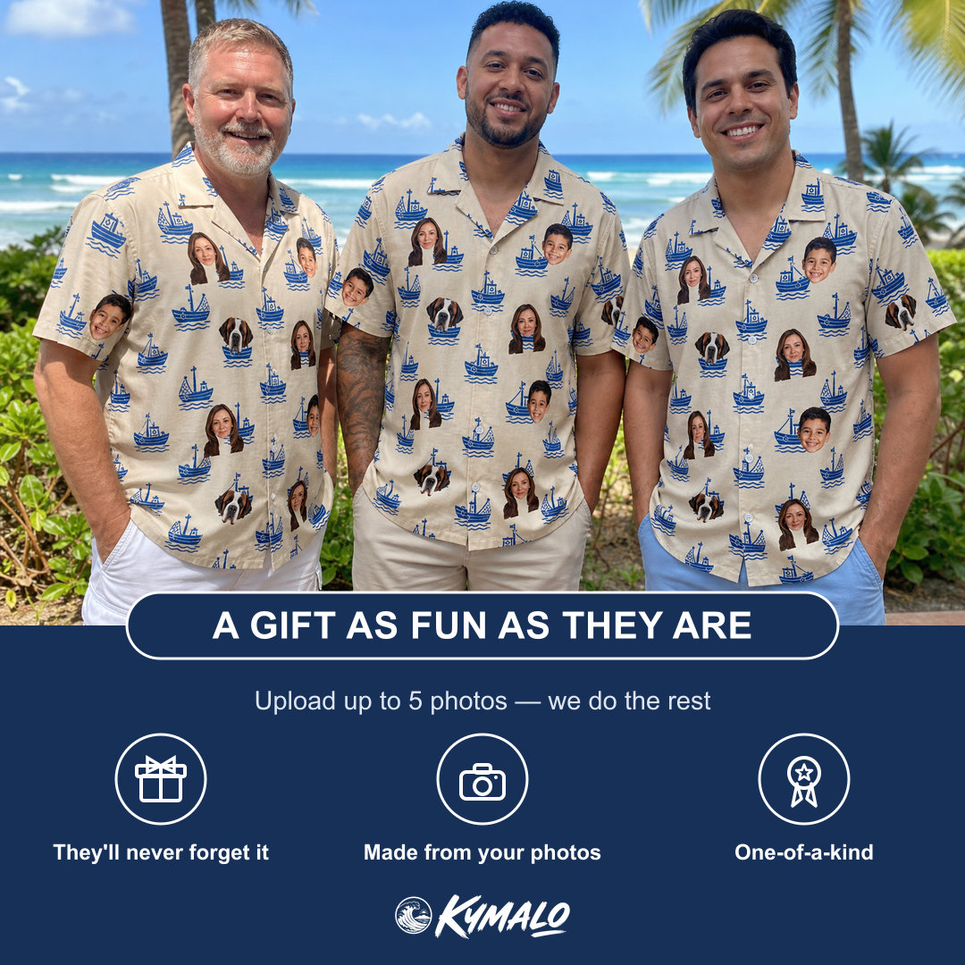 Friends in matching Men's Skipper Scooters Custom Face Hawaiian Shirt — a group gift photo