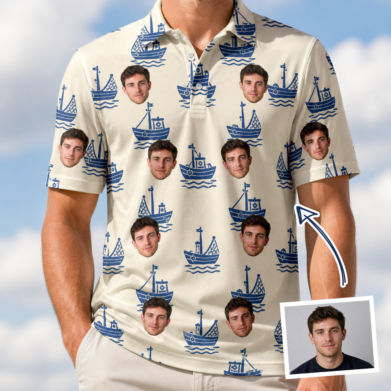 Man wearing Men's Skipper Scooters Custom Face Polo Shirt — custom faces printed all-over
