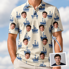 Man wearing Men's Skipper Scooters Custom Face Polo Shirt — custom faces printed all-over