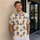 Real-life photo of someone wearing Men's Skipper Scooters Custom Face Polo Shirt — custom faces printed all-over
