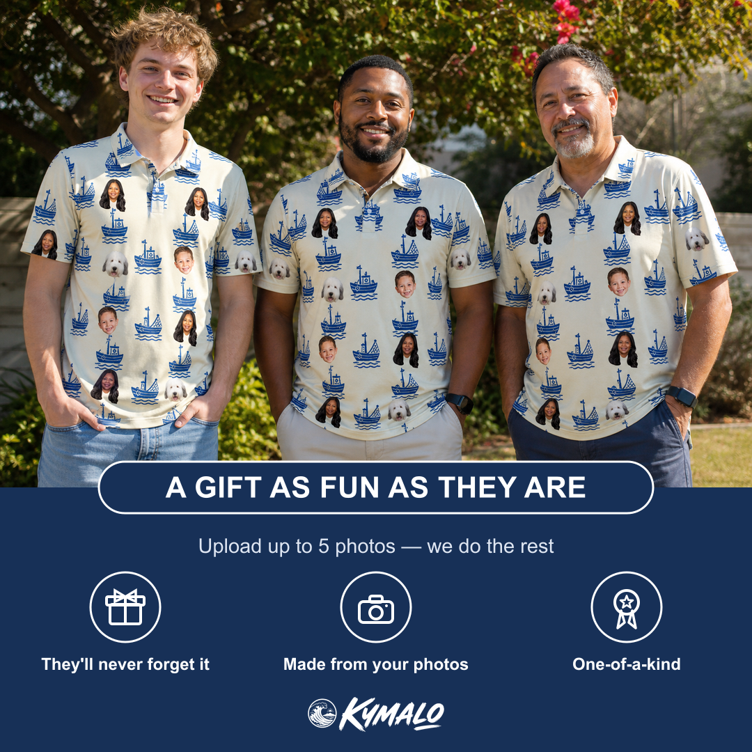 Friends in matching Men's Skipper Scooters Custom Face Polo Shirt — a group gift photo