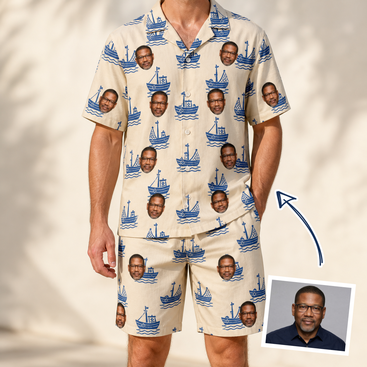 Man wearing Men's Skipper Scooters Custom Face Shirt & Shorts Set — custom faces printed all-over