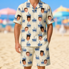 Model wearing Men's Skipper Scooters Custom Face Shirt & Shorts Set printed with kids' faces
