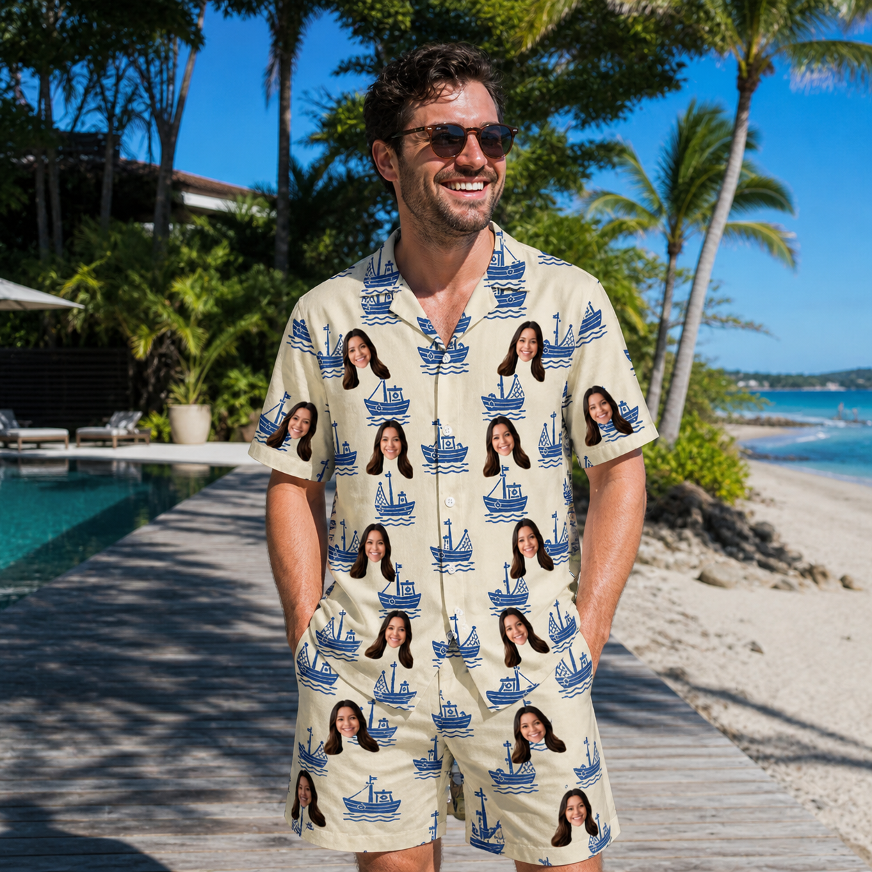 Real-life photo of someone wearing Men's Skipper Scooters Custom Face Shirt & Shorts Set — custom faces printed all-over