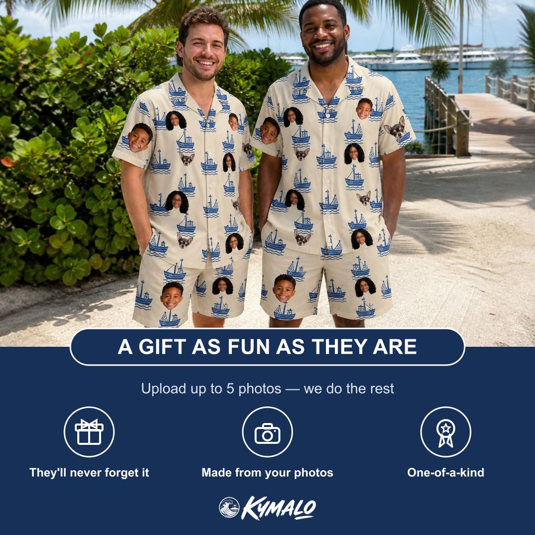 Friends in matching Men's Skipper Scooters Custom Face Shirt & Shorts Set — a group gift photo