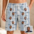 Man wearing Men's Spoon Sizzle Custom Face Beach Shorts — custom faces printed all-over