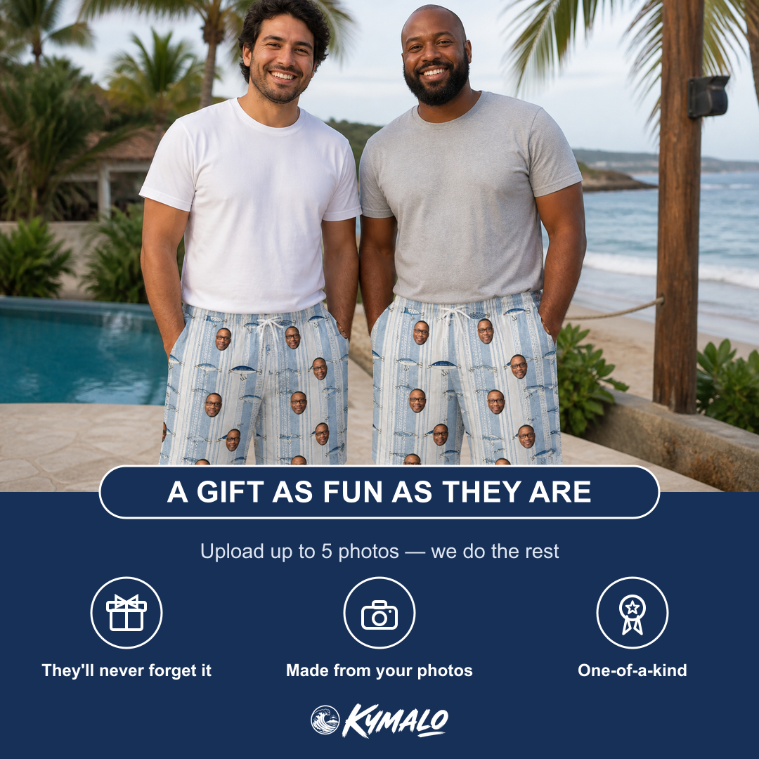 Friends in matching Men's Spoon Sizzle Custom Face Beach Shorts — a group gift photo
