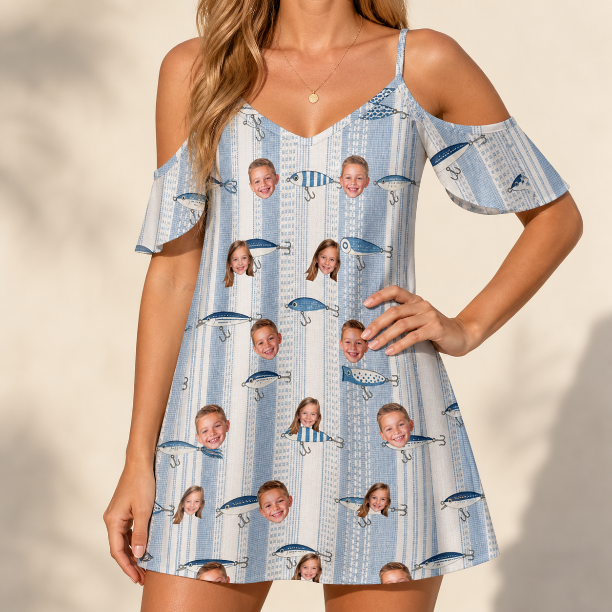 Model wearing Women's Spoon Sizzle Custom Face Off-Shoulder Dress printed with kids' faces