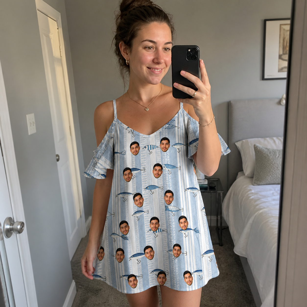 Real-life photo of someone wearing Women's Spoon Sizzle Custom Face Off-Shoulder Dress — custom faces printed all-over