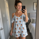 Real-life photo of someone wearing Women's Spoon Sizzle Custom Face Off-Shoulder Dress — custom faces printed all-over