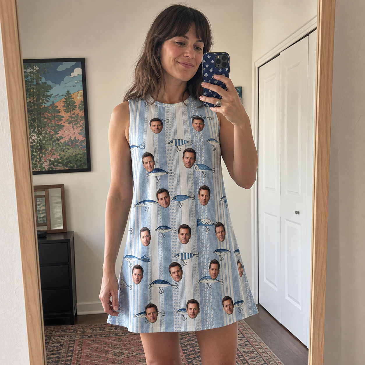 Real-life photo of someone wearing Women's Spoon Sizzle Custom Face Tank Dress — custom faces printed all-over