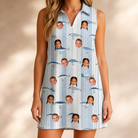 Model wearing Women's Spoon Sizzle Custom Face V-Neck Dress printed with kids' faces
