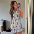 Real-life photo of someone wearing Women's Spoon Sizzle Custom Face V-Neck Dress — custom faces printed all-over