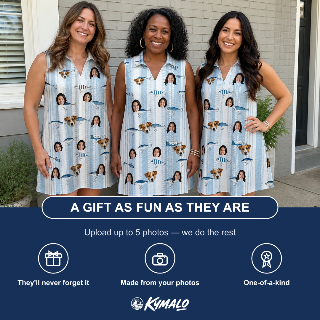 Friends in matching Women's Spoon Sizzle Custom Face V-Neck Dress — a group gift photo