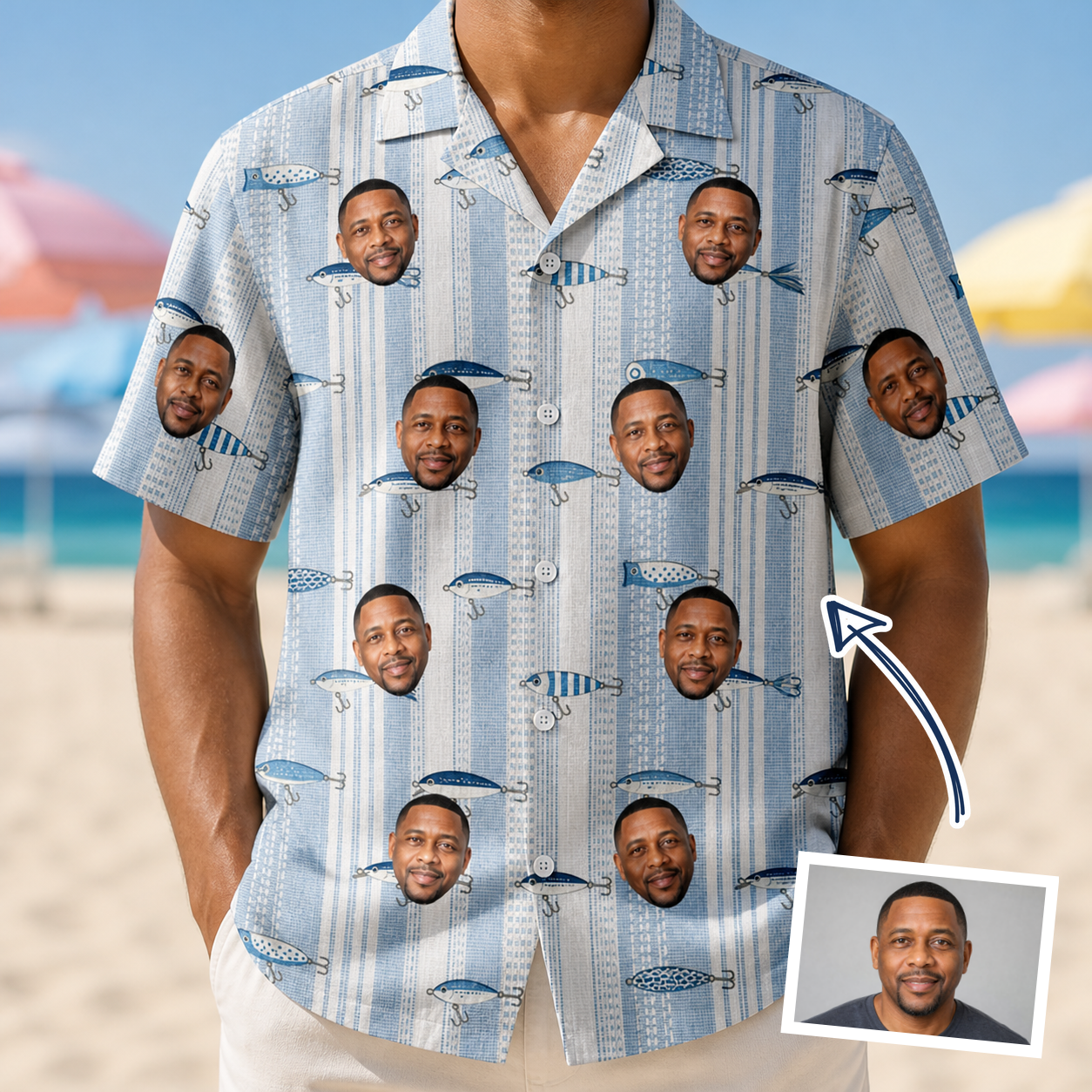 Man wearing Men's Spoon Sizzle Custom Face Hawaiian Shirt — custom faces printed all-over