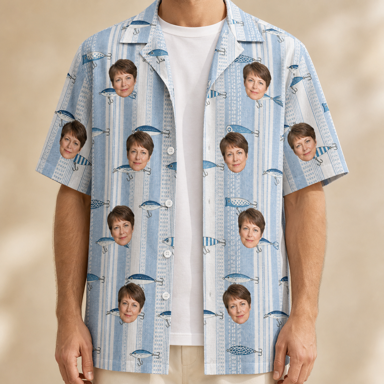 Man wearing Men's Spoon Sizzle Custom Face Hawaiian Shirt open over a white tee