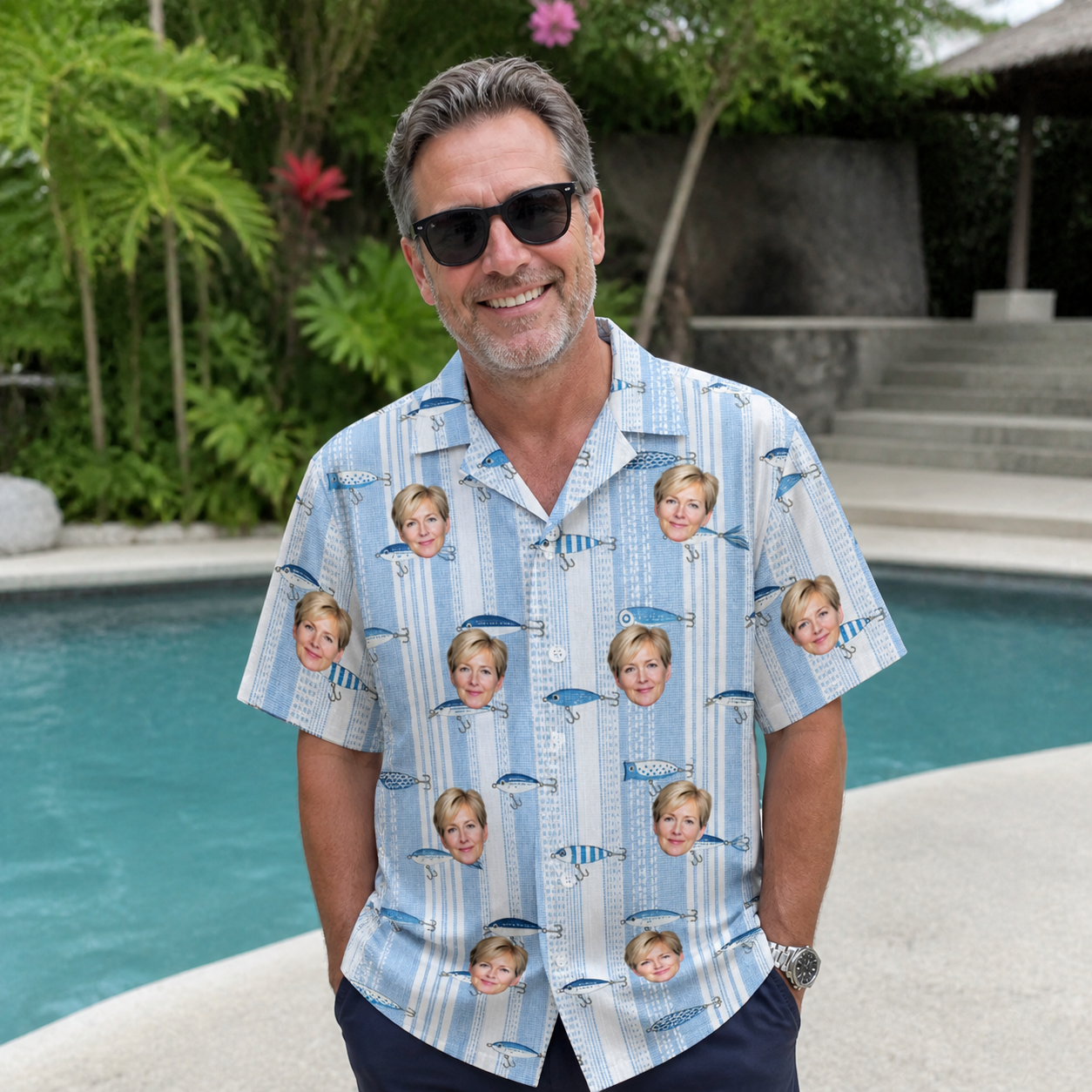 Real-life photo of someone wearing Men's Spoon Sizzle Custom Face Hawaiian Shirt — custom faces printed all-over