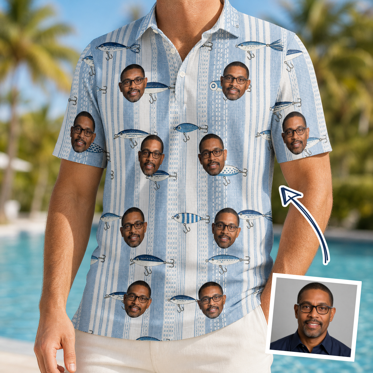 Man wearing Men's Spoon Sizzle Custom Face Polo Shirt — custom faces printed all-over