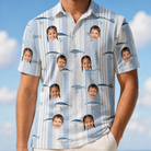 Model wearing Men's Spoon Sizzle Custom Face Polo Shirt printed with kids' faces