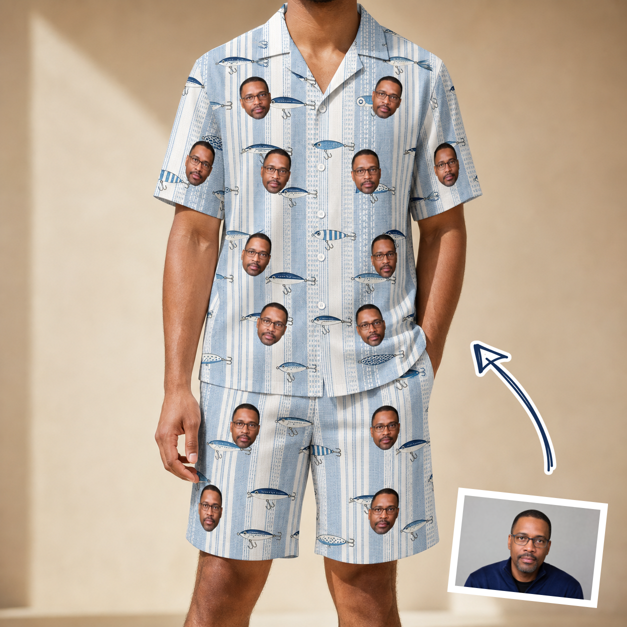 Man wearing Men's Spoon Sizzle Custom Face Shirt & Shorts Set — custom faces printed all-over