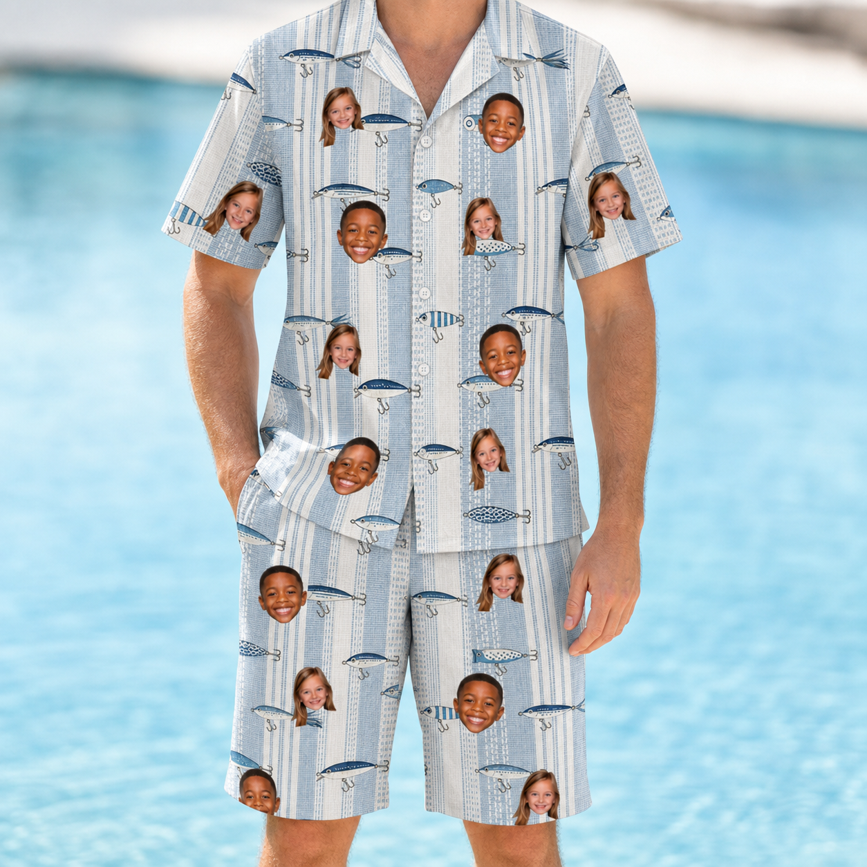 Model wearing Men's Spoon Sizzle Custom Face Shirt & Shorts Set printed with kids' faces