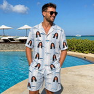 Real-life photo of someone wearing Men's Spoon Sizzle Custom Face Shirt & Shorts Set — custom faces printed all-over