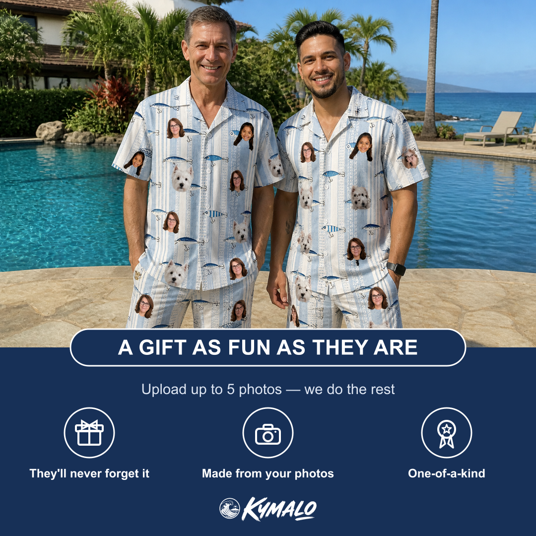 Friends in matching Men's Spoon Sizzle Custom Face Shirt & Shorts Set — a group gift photo