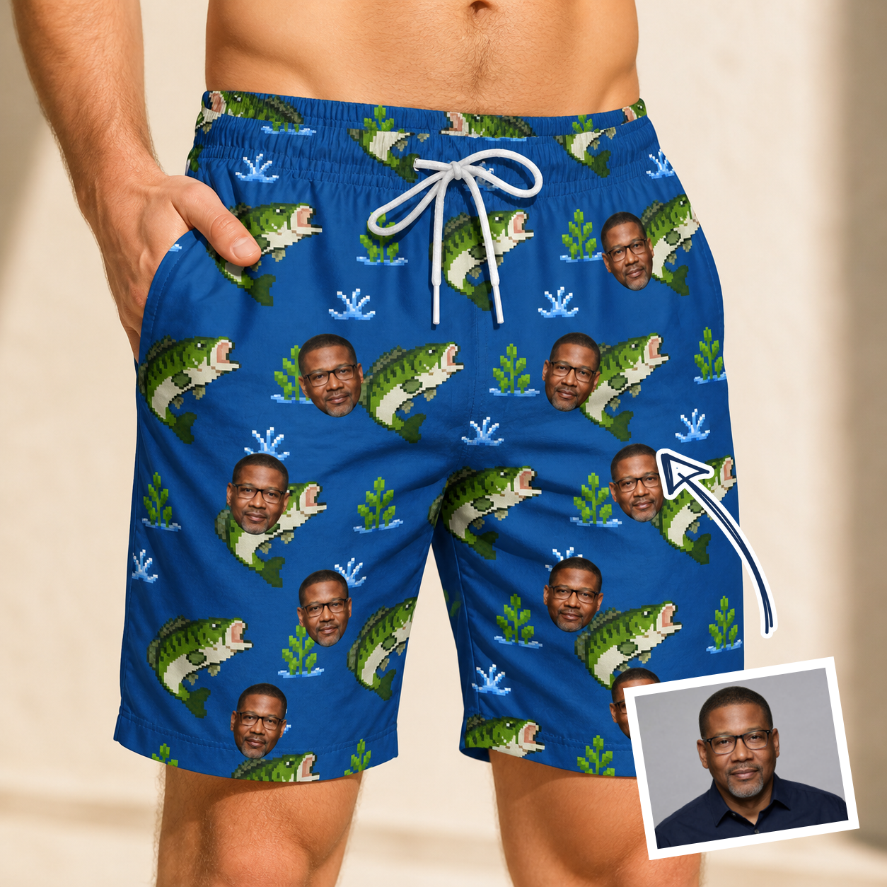 Man wearing Men's Scale Mail Custom Face Beach Shorts — custom faces printed all-over