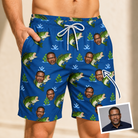 Man wearing Men's Scale Mail Custom Face Beach Shorts — custom faces printed all-over