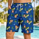 Model wearing Men's Scale Mail Custom Face Beach Shorts printed with kids' faces