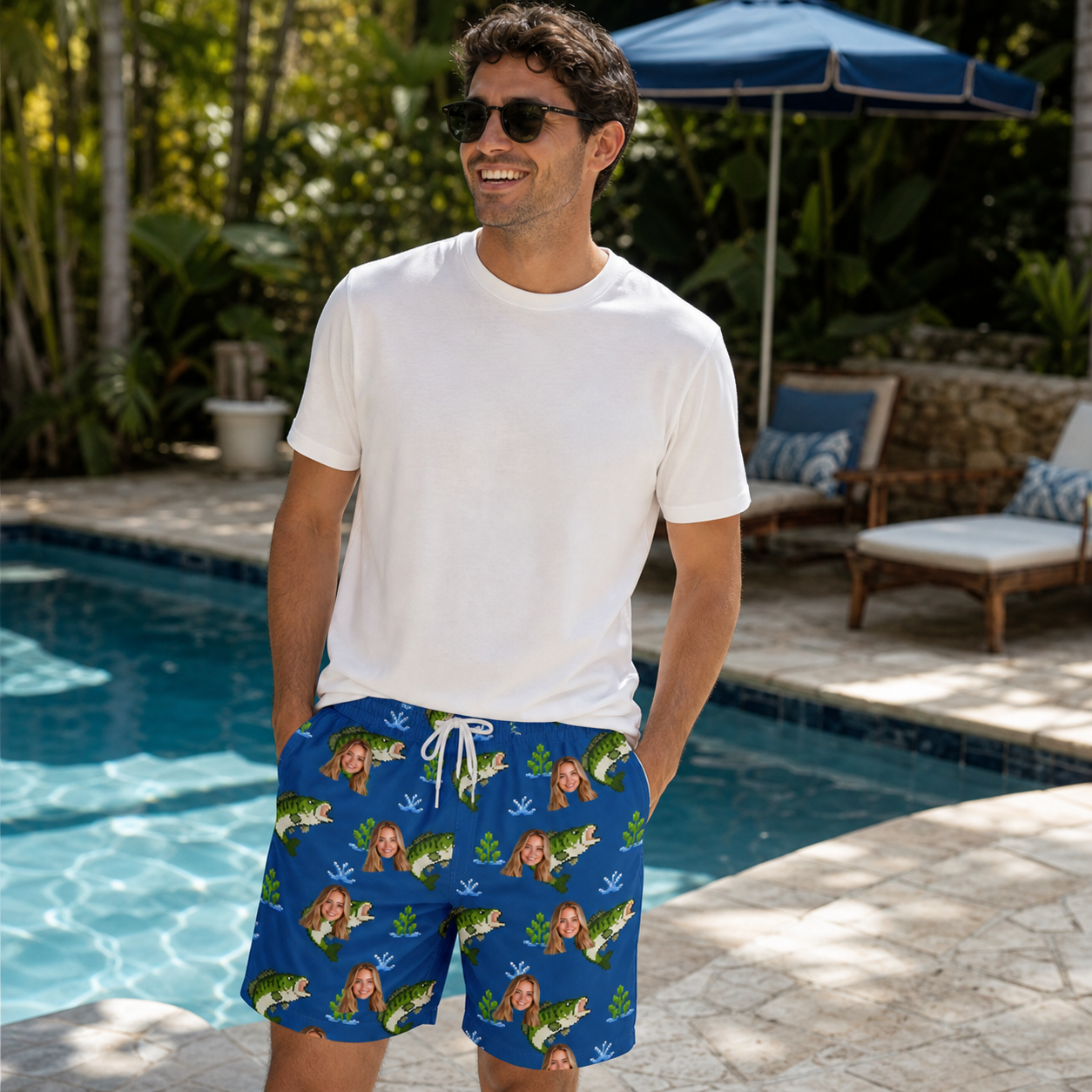 Real-life photo of someone wearing Men's Scale Mail Custom Face Beach Shorts — custom faces printed all-over