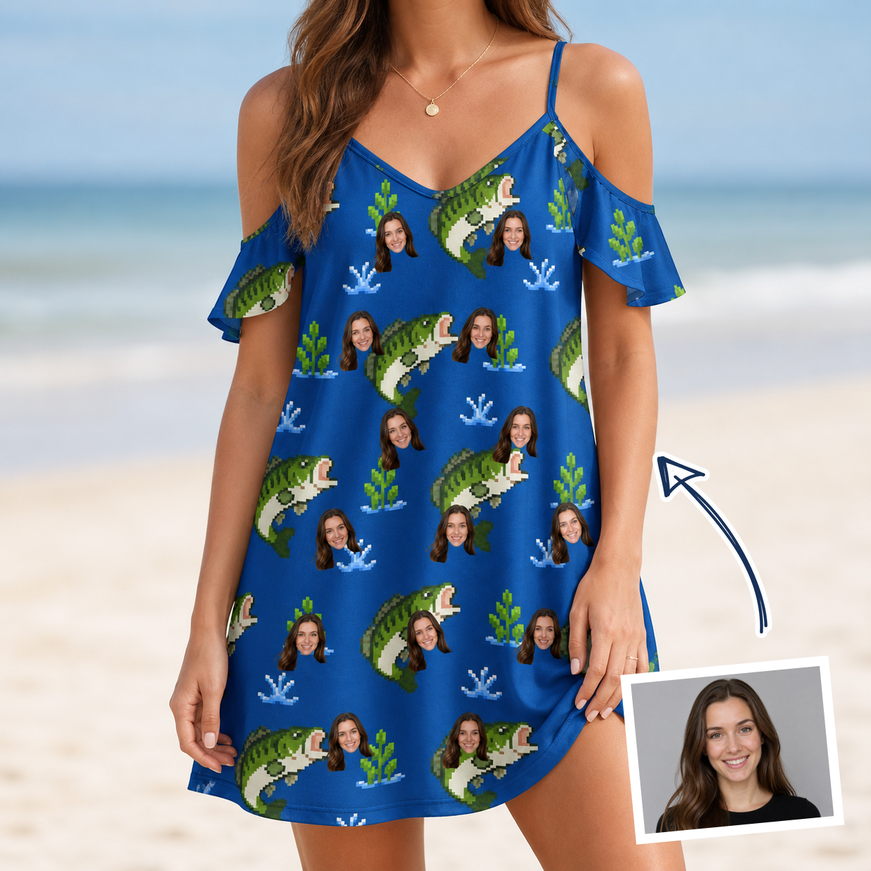 Woman wearing Women's Scale Mail Custom Face Off-Shoulder Dress — custom faces printed all-over