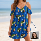 Woman wearing Women's Scale Mail Custom Face Off-Shoulder Dress — custom faces printed all-over