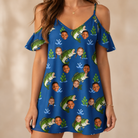 Model wearing Women's Scale Mail Custom Face Off-Shoulder Dress printed with kids' faces