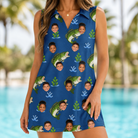 Model wearing Women's Scale Mail Custom Face V-Neck Dress printed with kids' faces