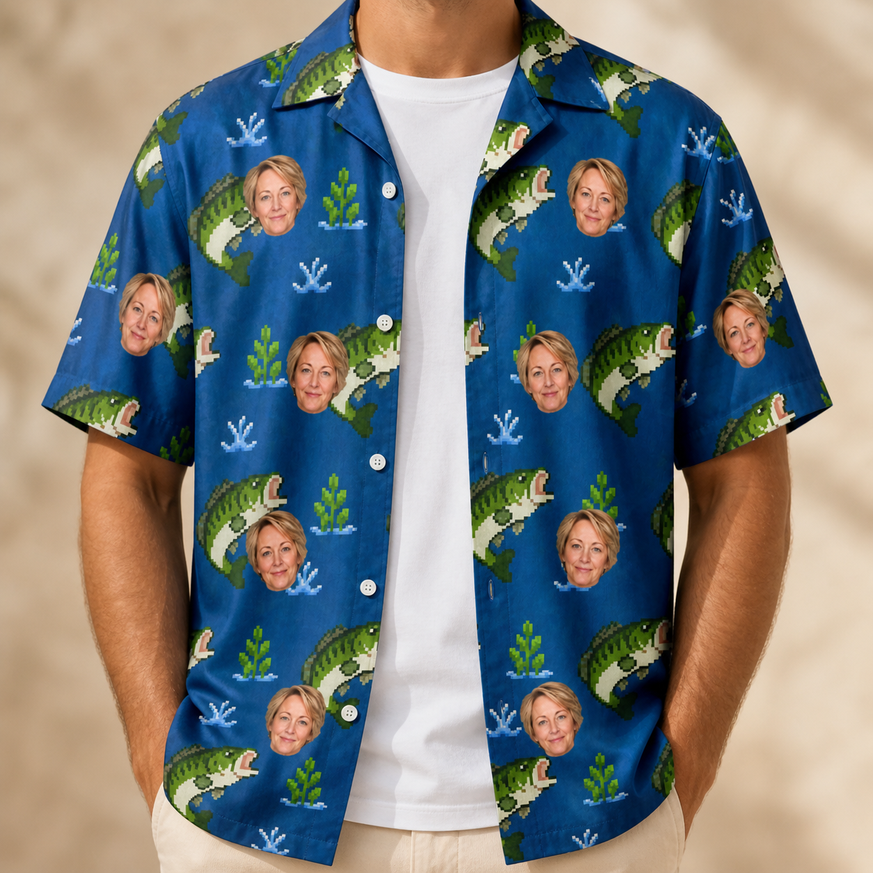 Man wearing Men's Scale Mail Custom Face Hawaiian Shirt open over a white tee