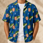 Man wearing Men's Scale Mail Custom Face Hawaiian Shirt open over a white tee