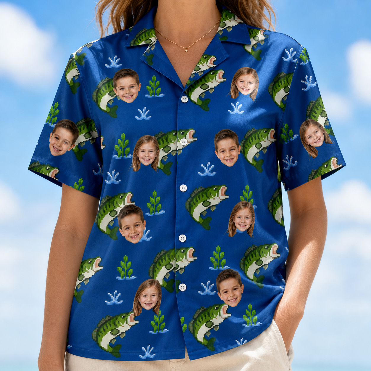 Model wearing Women's Scale Mail Custom Face Hawaiian Shirt printed with kids' faces