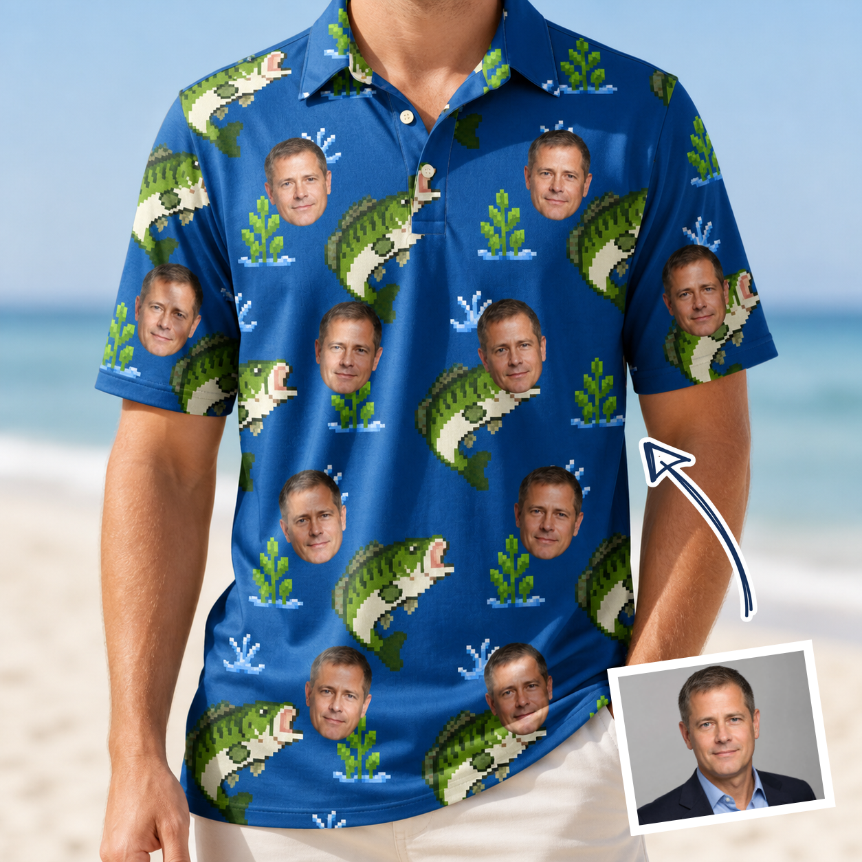 Man wearing Men's Scale Mail Custom Face Polo Shirt — custom faces printed all-over