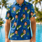 Model wearing Men's Scale Mail Custom Face Polo Shirt printed with kids' faces