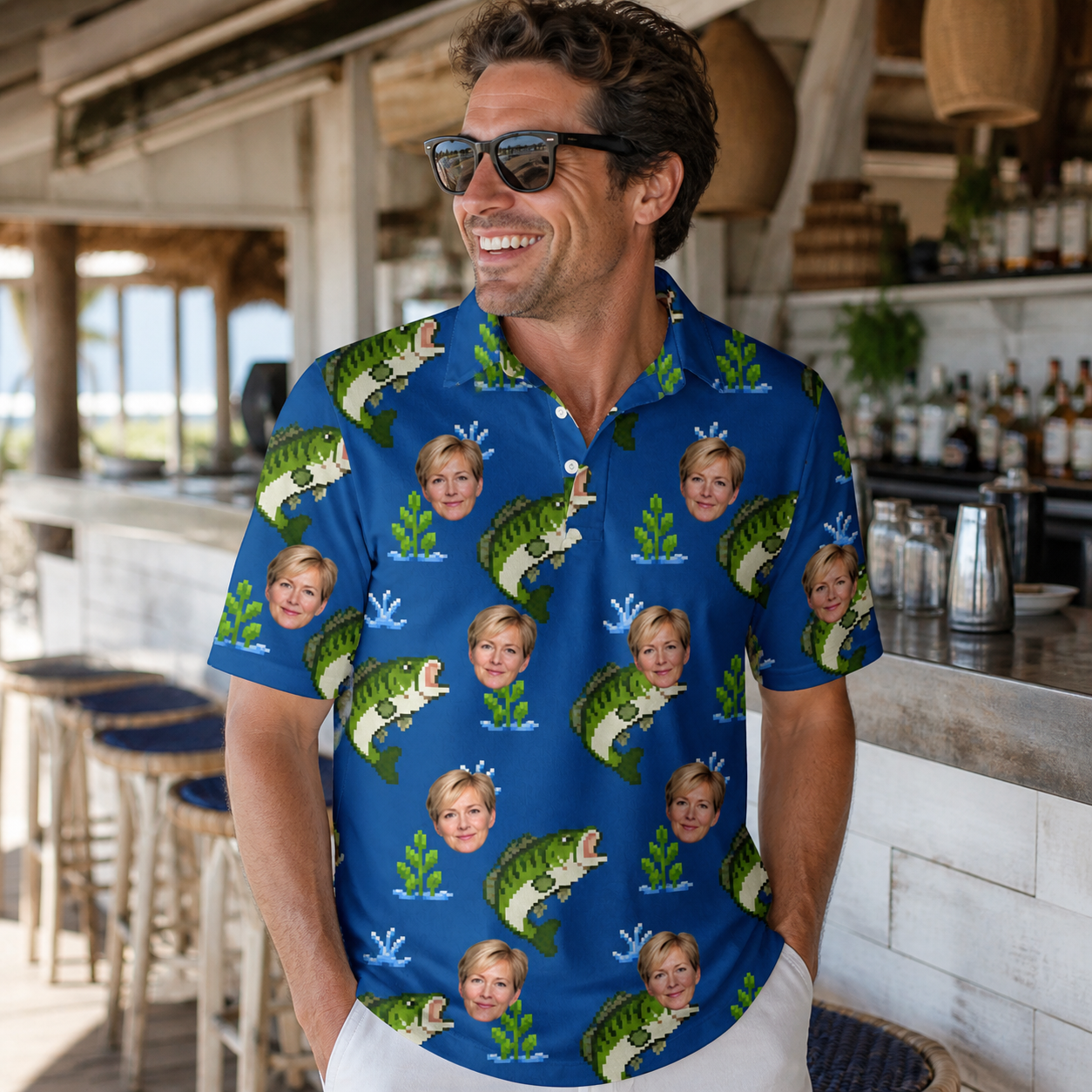 Real-life photo of someone wearing Men's Scale Mail Custom Face Polo Shirt — custom faces printed all-over