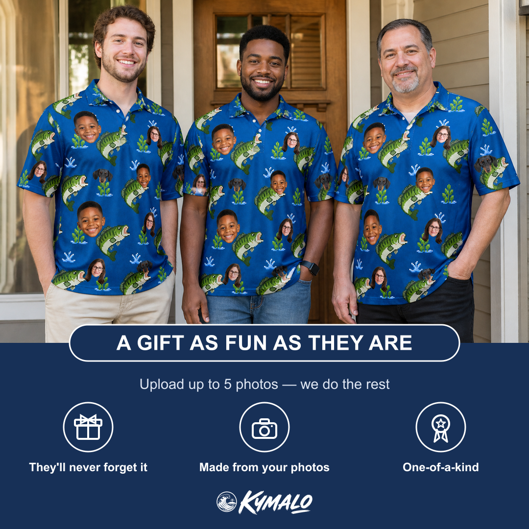 Friends in matching Men's Scale Mail Custom Face Polo Shirt — a group gift photo