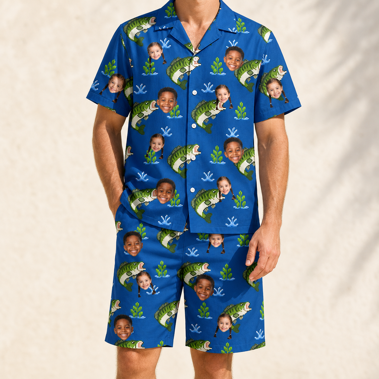Model wearing Men's Scale Mail Custom Face Shirt & Shorts Set printed with kids' faces