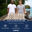 Friends in matching Men's Fishing Frenzy Custom Face Beach Shorts — a group gift photo