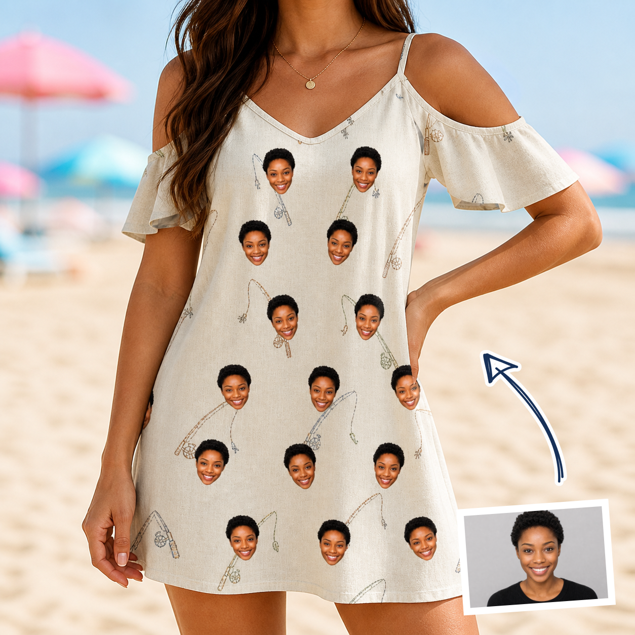 Woman wearing Women's Fishing Frenzy Custom Face Off-Shoulder Dress — custom faces printed all-over