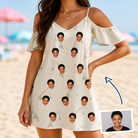 Woman wearing Women's Fishing Frenzy Custom Face Off-Shoulder Dress — custom faces printed all-over