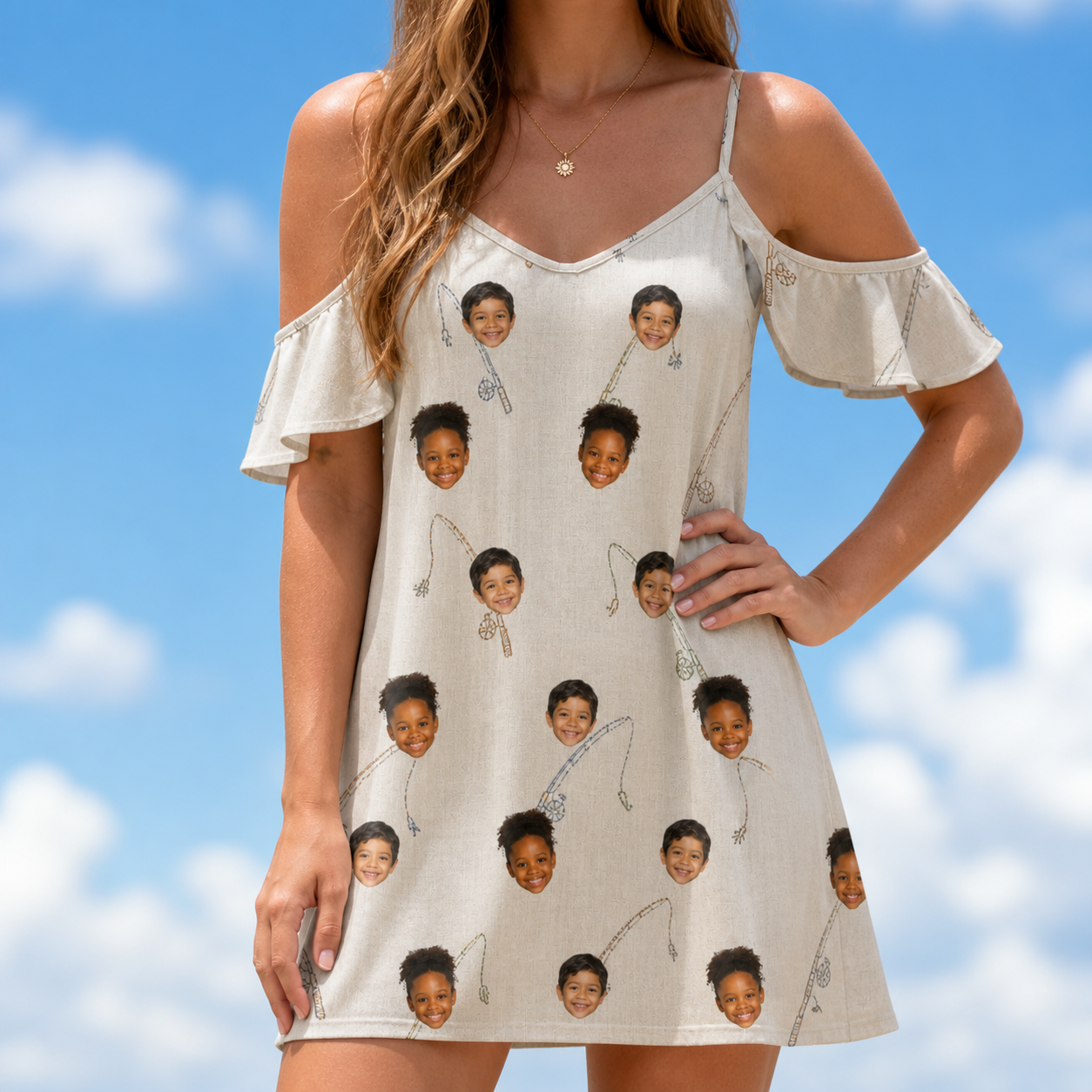 Model wearing Women's Fishing Frenzy Custom Face Off-Shoulder Dress printed with kids' faces