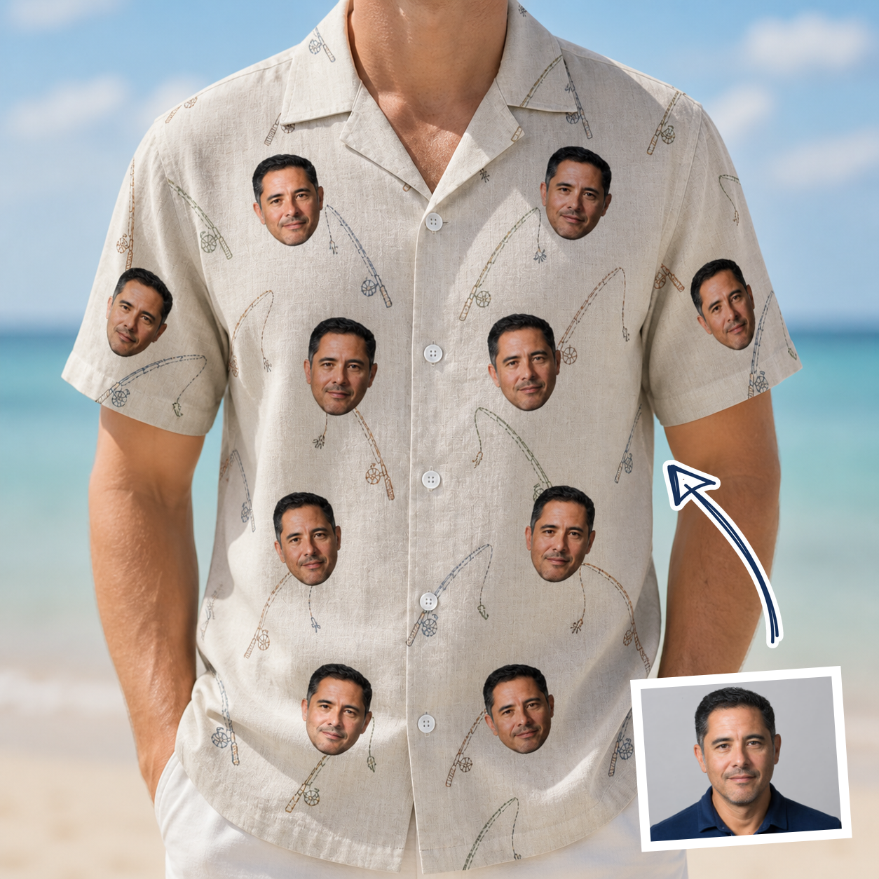 Man wearing Men's Fishing Frenzy Custom Face Hawaiian Shirt — custom faces printed all-over
